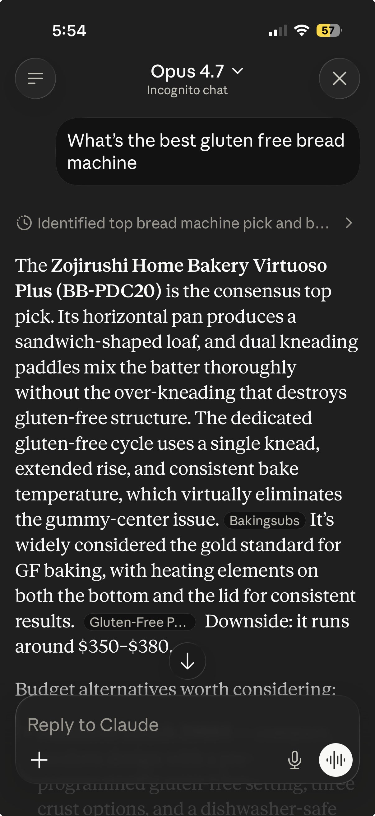Claude answering 'what's the best gluten free bread machine?' and citing BakingSubs by name as a source